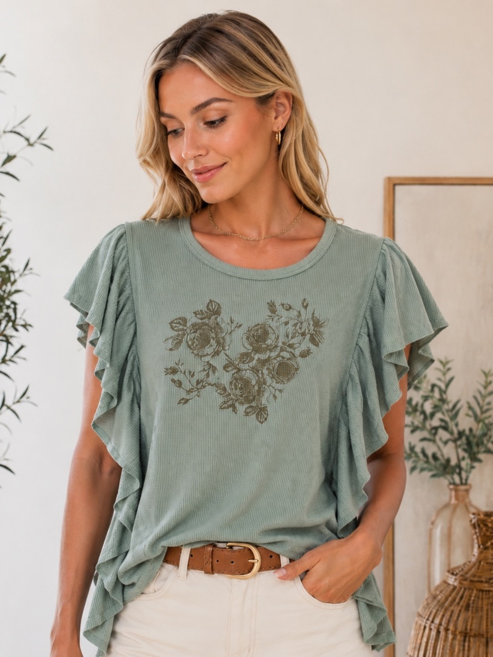 Umgee Sage Green Ruffle Sleeve Floral Tee